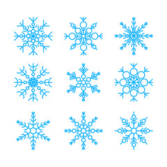 Vector illustration of blue snowflakes collection isolated on white background. Flat snow icons, silhouette. Cute element for christmas, new year, winter design of banner, cards, flyer.