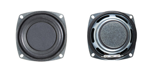 Audio speaker round isolated on white background close up