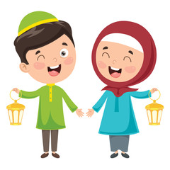 Vector Illustration Of Muslim Kids Celebrating Ramadan