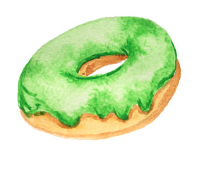 donut with green icing on a white background. watercolor illustration for design