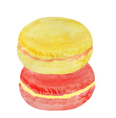 Yellow and orange macarons on white background. watercolor illustration for design
