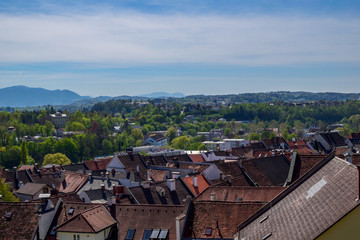 Fototapeta na wymiar Landscape shot Steyr in Upper Austria / Austria. Aerial view of the city