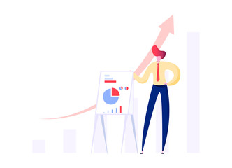 man shows graphs of growth, rapid business growth and analytics, Vector illustration for website or landing page.