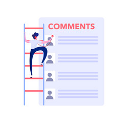 man is viewing comments, feedback left on the social network, feedback on the Internet, marketer listens to customer feedback,  Vector illustration for website or landing page.