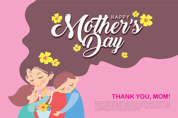 Happy Mother's Day template design or copy space. Hand drawn mother, son & daughter with flowers on pink polka dot background in flat vector illustration. Cartoon mom together with children.