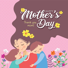 Happy Mother's Day template design or copy space. Hand drawn mother, son & daughter with flowers on pink polka dot background in flat vector illustration. Cartoon mom together with children.