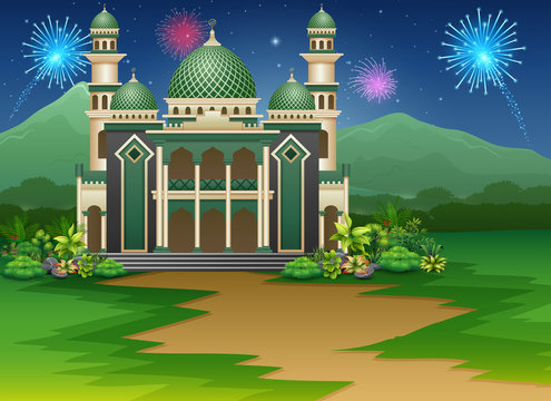 Mosque building with a view of fireworks in the sky