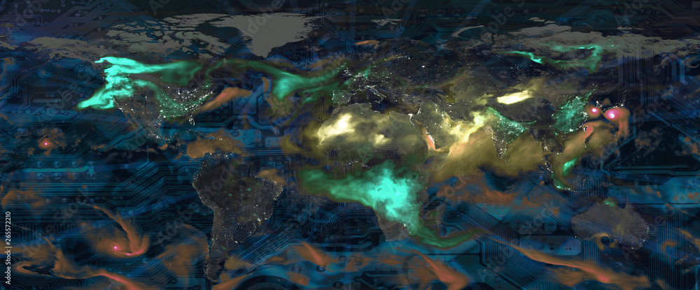 Poster digital global technology concept, abstract background. colorful world map, clouds and circuit board