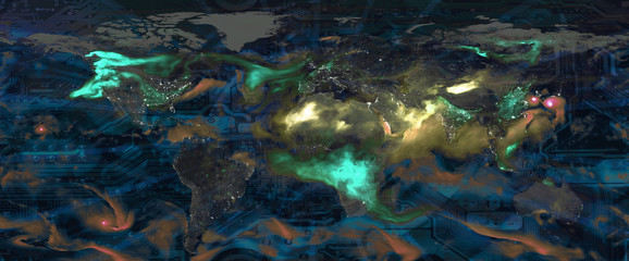 Fototapeta na wymiar Digital global technology concept, abstract background. Colorful world map, clouds and circuit board pattern with light rays. Elements of this image furnished by NASA.