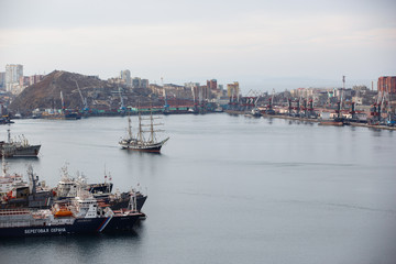 Training sailing vessel Pallada in the Golden Horn Bay in Vladivostok