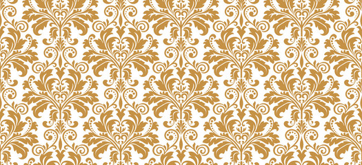 Floral pattern. Vintage wallpaper in the Baroque style. Seamless vector background. White and gold ornament for fabric, wallpaper, packaging. Ornate Damask flower ornament