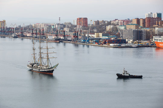 Training sailing vessel Pallada in the Golden Horn Bay in Vladivostok