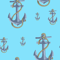 Seamless pattern with ropes and anchor. Sea motives background. Trendy print for textiles, wrapping paper, scarf.