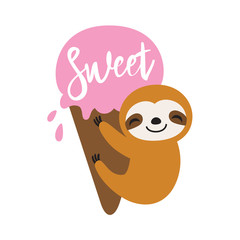Baby sloth hanging on an ice cream in summer. Cute sloth vector illustration.