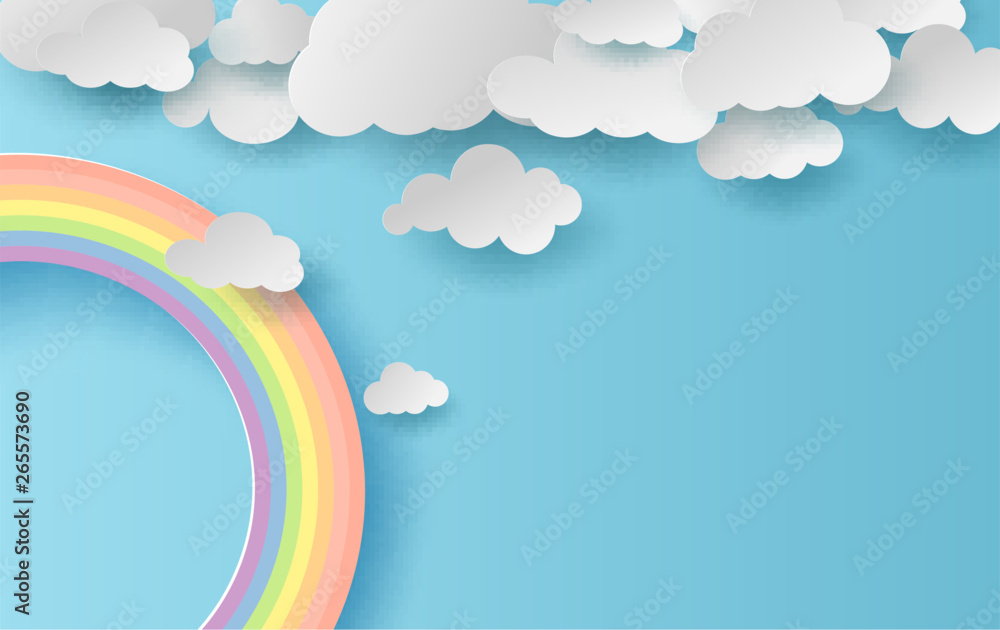 Wall mural 3d illustration summer season landscape with a rainbow on blue sky background. cloudscape on clean a