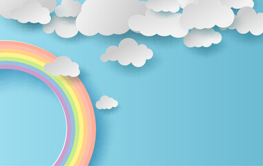 3D illustration summer season landscape with a rainbow on blue sky background. Cloudscape on Clean and minimal paper art.Creative design Paper cut and craft style.pastel colorful tone simple.vector.