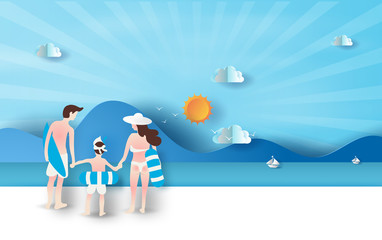 illustration of Rear view Young family having Happy fun on the beach.People diving in rubber swim ring. Colorful pastel simple. Summertime on sea view paper cut and craft concept. Flat cartoon.vector