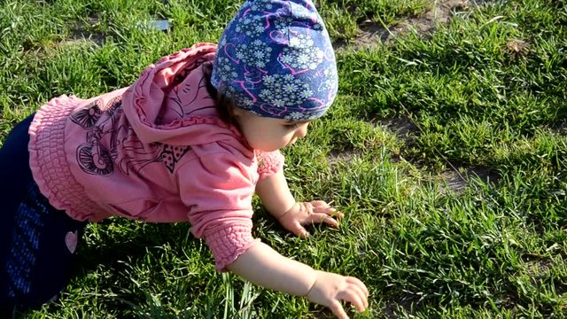 Smiling cute playful little girl is standing on green grass. girl toddler walks around the lake learns to walk. sunny sping or summer day