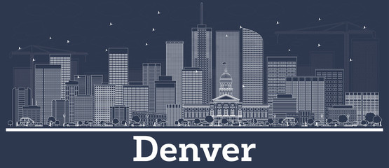 Outline Denver Colorado City Skyline with White Buildings. - obrazy, fototapety, plakaty