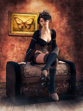 Vintage scene with a girl in a Victorian outfit sitting on a large wooden chest. 3D render.