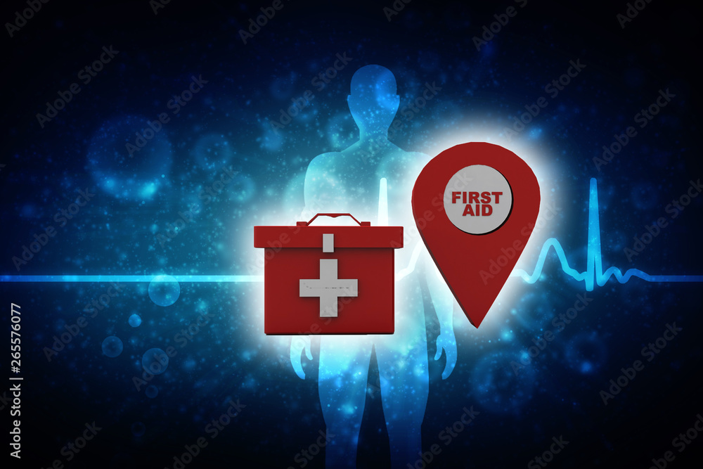 Poster 3d rendering first aid kit with navigation