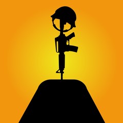 Army gun. rifle with helmet on land on yellow background