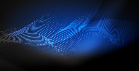 Glowing abstract wave on dark, shiny motion, magic space light. Techno abstract background