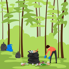 garbage collection in the forest. man collecting trash in the nature. vector illustration