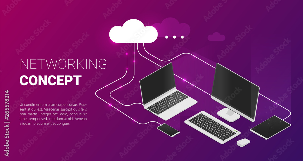 Poster modern cloud technology and networking concept. flat vector isometric illustration.