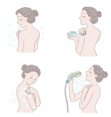 Woman bathing clean skin, step diagram illustration