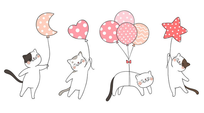 Draw Set Cute Cat Holding Balloon Sweet Color.