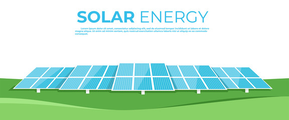Solar energy. Solar batteries in the middle of a green field. Landscape on the back. Clear modern design. Simple design template. Beautiful background. Flat style vector illustration.