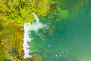 Croatian nature, beautiful waterfalls on Mreznica river from air, panoramic view in spring, popular tourist destination, overhead shot