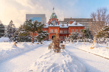 Former Hokkaido Government offices during winter in Sapporo, Japan . - obrazy, fototapety, plakaty