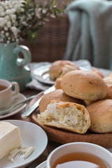 Homemade cakes with basil. A lot of small bread. Served Table meal for breakfast and tea. Lifestyle photo
