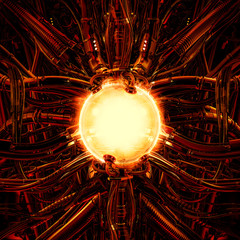 The nuclear pod / 3D illustration of science fiction scene showing fiery glowing hot energy core inside complex futuristic machinery © grandeduc