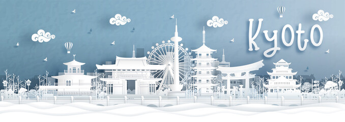 Obraz premium Panoramiczny widok na panoramę miasta Kioto ze słynnymi zabytkami Japonii w ilustracji wektorowych stylu cięcia papieru.