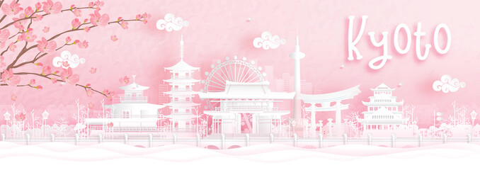 Obraz premium Autumn season with falling Sakura flower and Kyoto, Japan world famous landmarks in paper cut style vector illustration