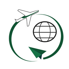 Travel - concept business logo template vector illustration. Airplane with abstract globe earth. Graphic design element.