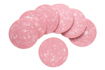 Top view of Sliced boiled ham sausage isolated on white background,