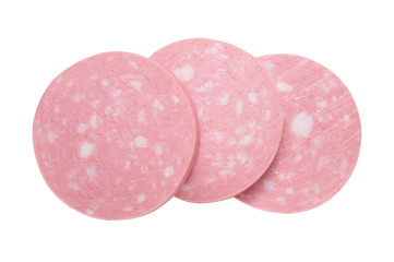 top view of Sliced boiled ham sausage isolated on white background,