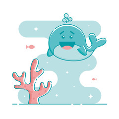 Cute aquamarine laughing whale and corals. Fish, sparkling stars and aquamarine blob in the background. Linear style illustration. Vector.