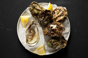 Fresh oysters on a plate over black surface, top view. Overhead, flat lay, from above. Close-up.