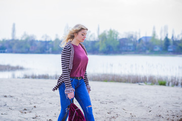 Plus size nice middle age woman rest at nature. Relax time at weekend after work. Lady lifestyle 