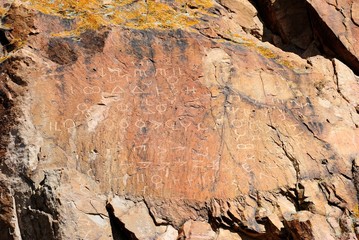 Buddhist rock drawings from 15th century at Tamgaly-Tas on Ili River near Almaty, Kazakhstan