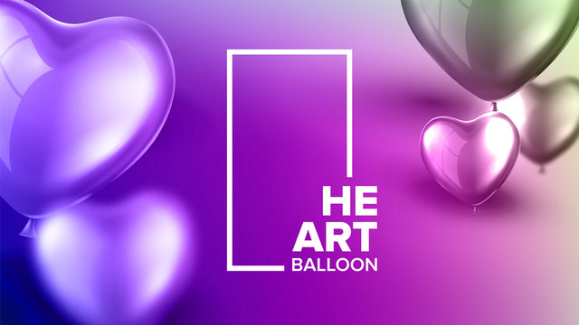 Colorful Nifty And Zooty Carnival Banner Vector. Closeup Realistic Glossy Blue And Purple Helium Flying Balloons In Shape Of Heart And Vertical Frame On Stylish Banner. 3d Illustration