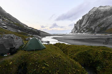 Green tent standing on a hill in front of Bunes Beach during sunset with mountains and the ocean in the background on Lofoten Islands in Norway