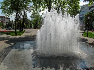 Sumy, Ukraine - April 28, 2019: Contact fountain 'Liquid sugar' on Pokrovsky Square in Sumy. The...