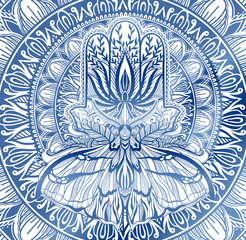 Magic Talisman religion Asian. Blue color graphic in white background. Butterfly moth mandala illustration .