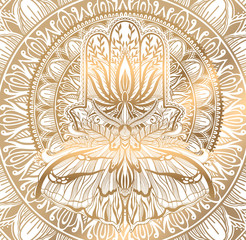 Magic Talisman religion Asian. Gold color graphic in white background. Butterfly moth mandala illustration .